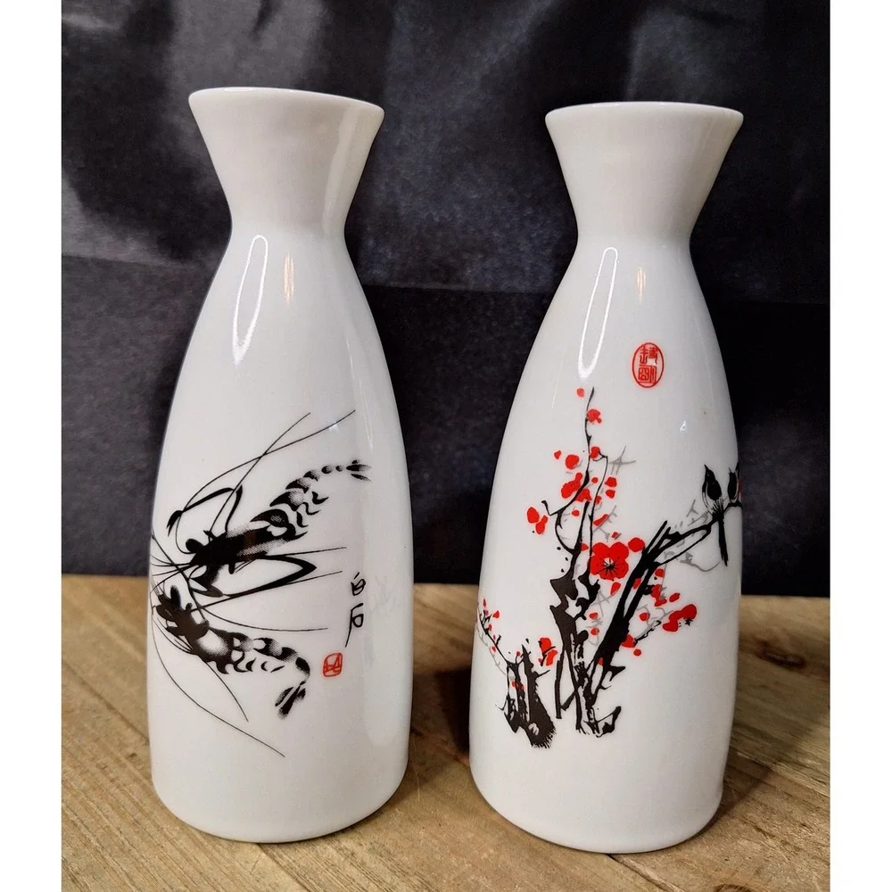 Vintage Chinese Porcelain Sake Bottles Pair Shrimp and Plum Blossom Calligraphy